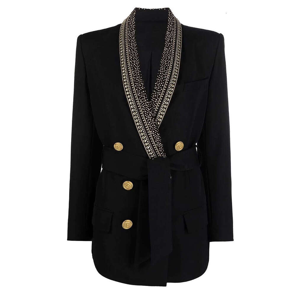 Spring and Autumn New Designer Fashion Women's Medium to Long Sports Jacket with Gold Foil e22 Belt Shawl Neck Black and White