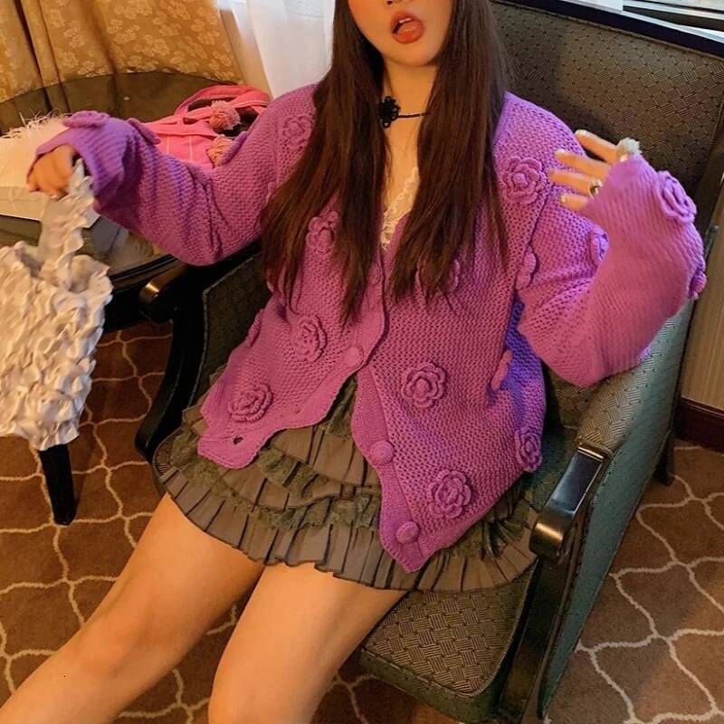 Women Crochet Cardigan Button Down Sweater Long Sleeve Hollow Out 3D Floral Applique Knit Top Spring Fall Fashion