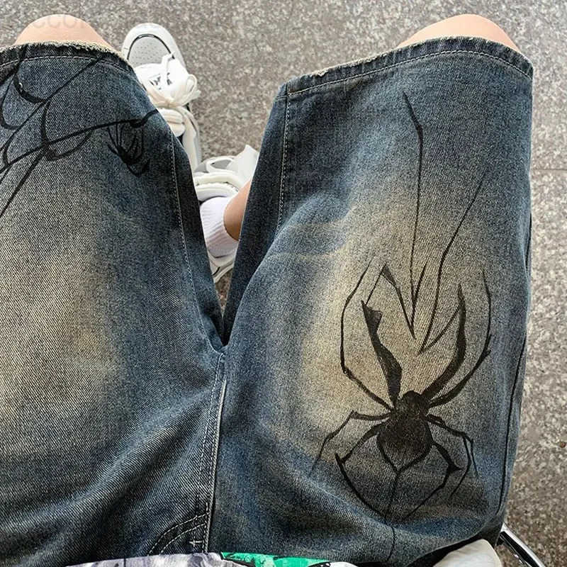 Korean Harajuku Spider Cobweb Print Denim Short for Men Y2k Retro Wash Hip Hop Punk Grunge Jeans Shorts Summer Women Streetwear H260330