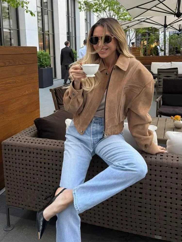 Womens Brown Suede Short Jackets Casual Lapel Zippered Full Sleeves Pocket Loose Short Coats 2025 Autumn Daily Commute OutwearT260328