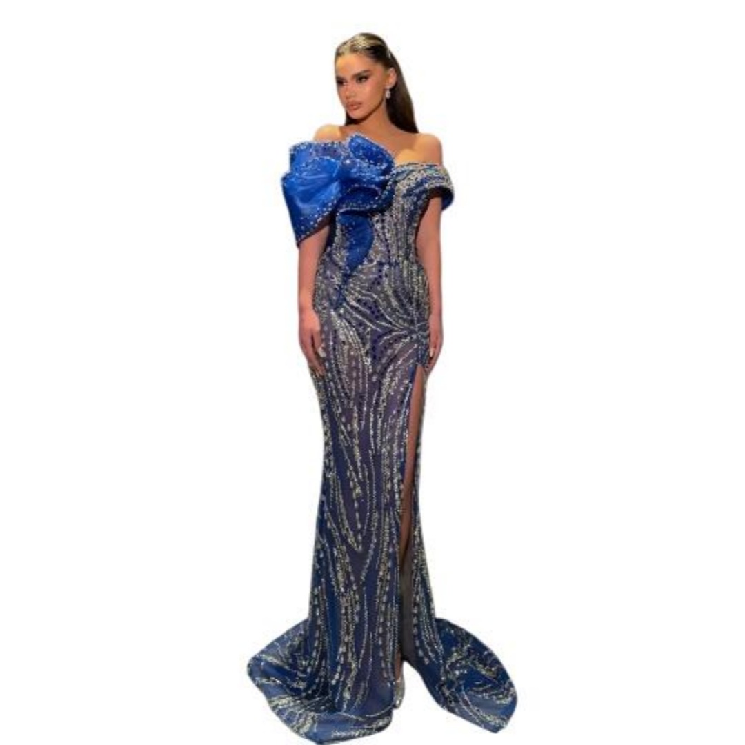 Fashion Off The Shoulder Prom Dresses Elegant Sequined Lace Crystal Evening Dress Floor Length Party Gown Customized