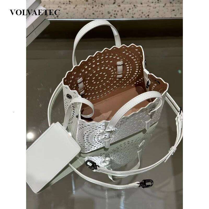 VOAETEC New Tote French Cowhide Handmade Niche Laser Flower Hollowed Real Leather Vegetable Basket Bag Retro Casual