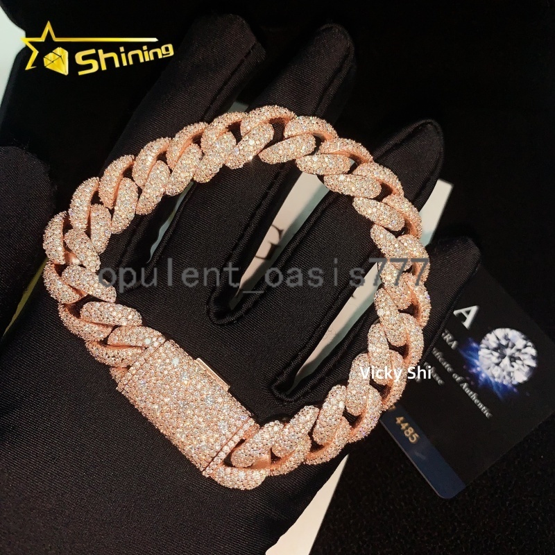 Rose Gold Color Iced Out 14mm Mosaic Setting Moissnaite Cuban Link Bracelet Custom Men 925 Silver VVS1 Moissanite Bracelet