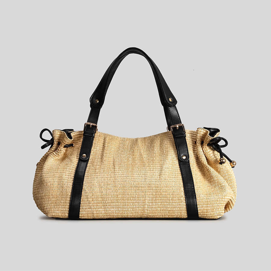 Pleated Drawstring Straw Tote New Vacation Beach Bag Women Large Capacity Woven Handbag
