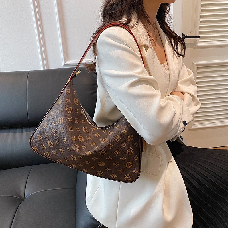 Cross-Border Printed Underarm Bag for Women, Large Capacity Fashionable Textured Dumpling Soft Leather Elegant Commuter Shoulder Bag, Vintage Trend