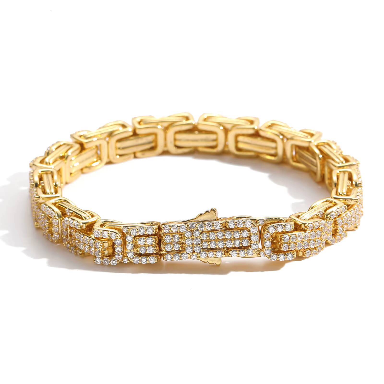 European Hip Hop Byzantine Bracelet Inlaid Moissanite Chain Three-Dimensional Mens Personality Trend Cross-Border