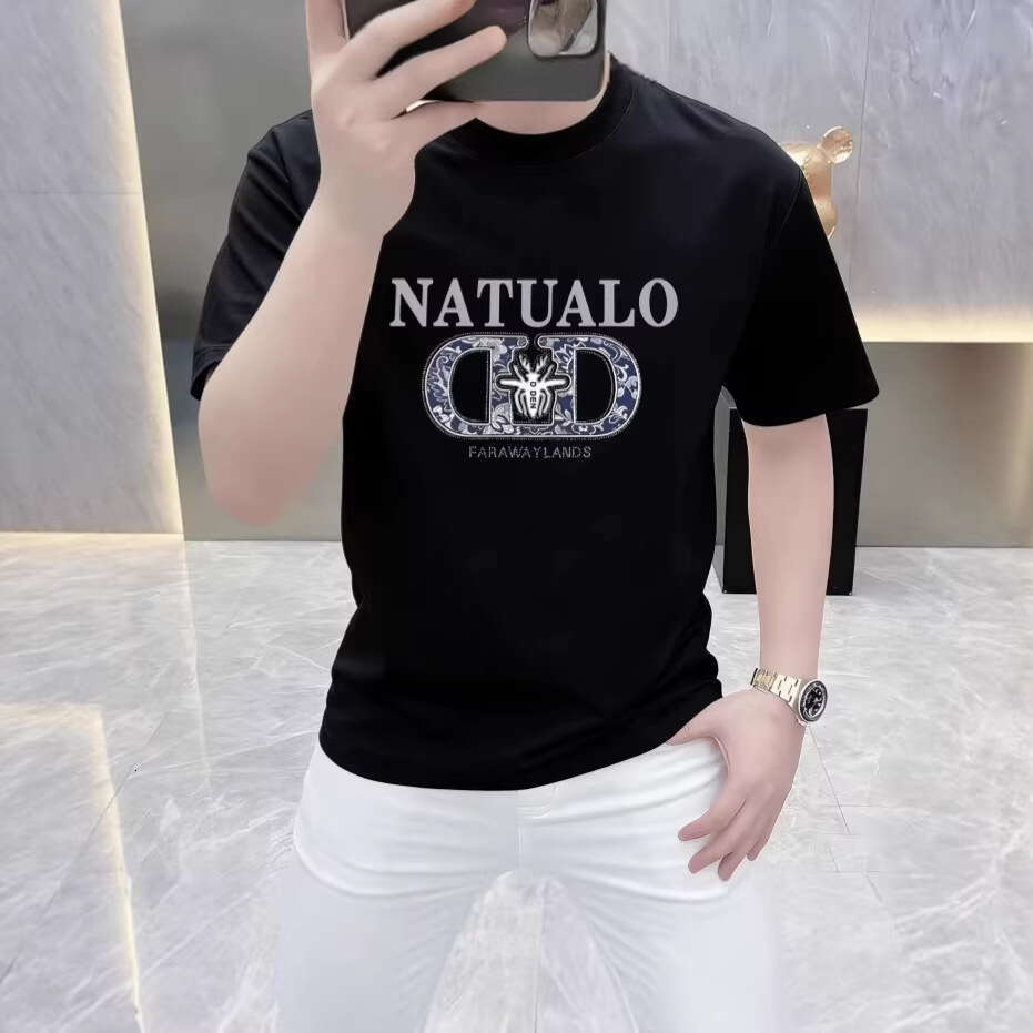 Pure cotton short-sleeve t-shirt 2026 summer men's stylish letter print round neck light luxury new fashion trendy loose fit tee