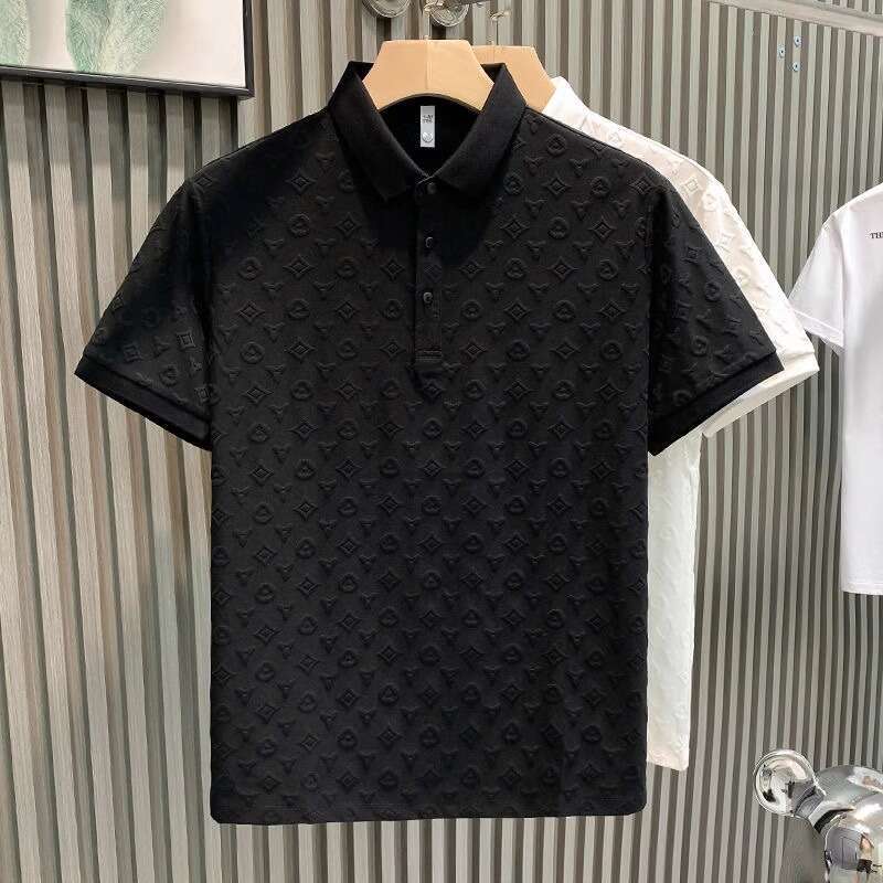 New Short Sleeve T-Shirt for Men Fashionable Light Luxury Jacquard Casual Youth Slim Fit Turn-Down Collar Base Shirt