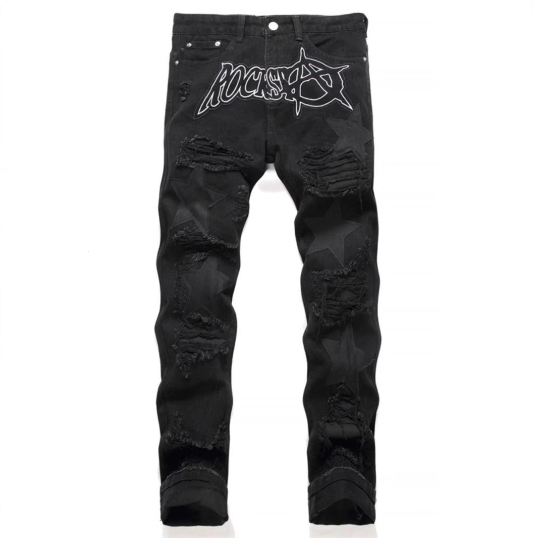 Luxury Brand Designer Clothes High Street Black Ripped Jeans For Men With Star Patch, Loose Straight Fit, Non-Stretch, Versatile Casual Long Pants Tre