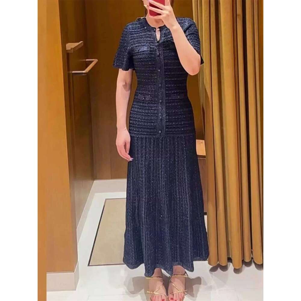 Women Diamond Embellished Sparkling Knitted Dress Hollow Out Elegant Female O-Neck Navy Blue Single Breasted Knit Midi Robe Mdng260330