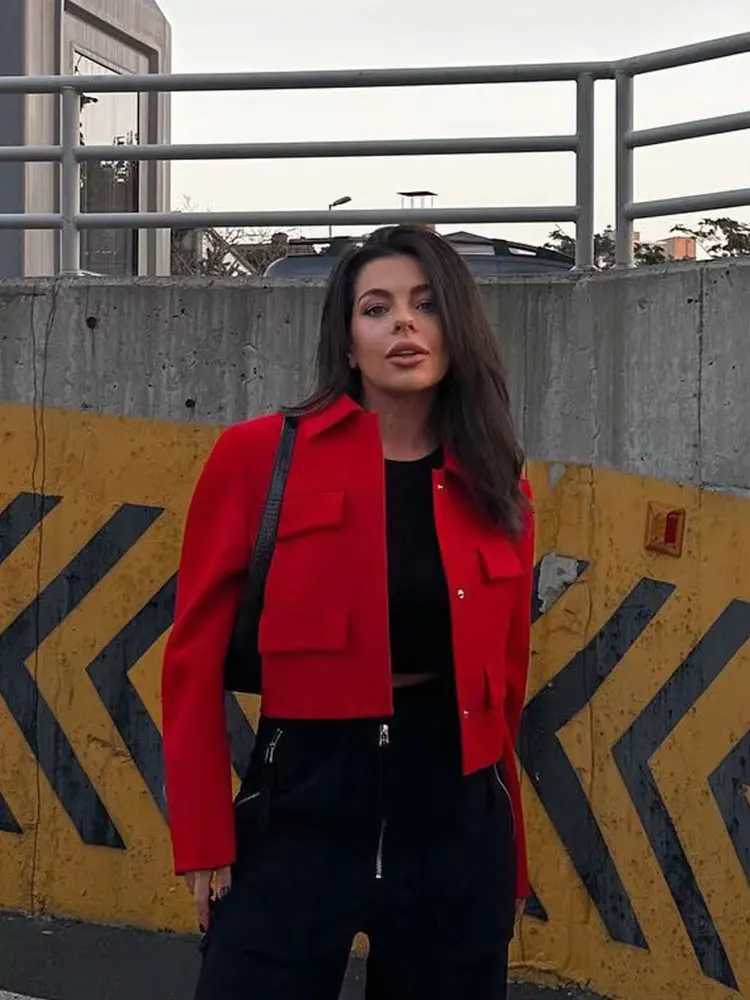 HH Womens Autumn Street Fashion Cropped Jackets With Pockets Long Sleeves Lapel Solid Color Slim Front Flap Causal CoatsT260328