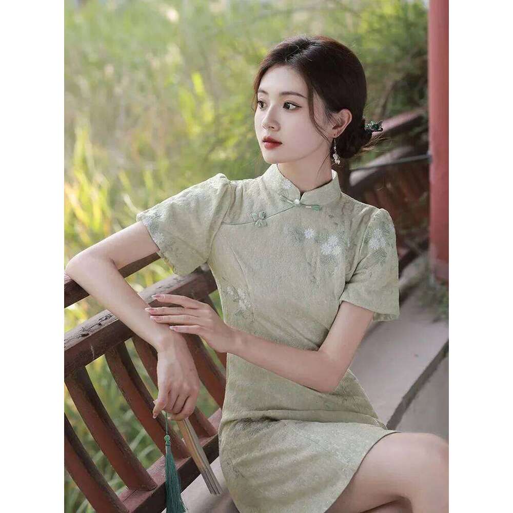 Women Green Improved Cheongsam Slim Vintage Floral Short Dress Summer Party Costumes Sweet Qipao S To XXL MAKOUFEI