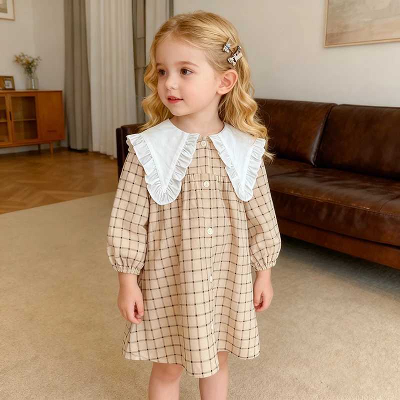2026 New Spring Children Clothes Girl Party Cotton Embroidery Dress 2-6Yrs Long Sleeved Plaid Kids Princess Big Lapel DressesT260330