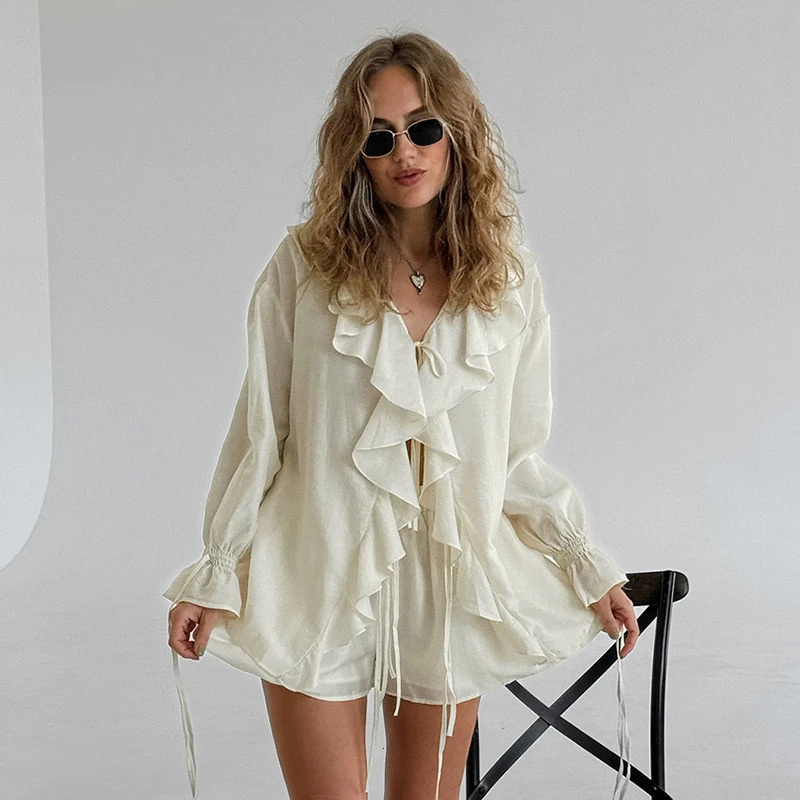 Tornova Womens Ruffled Shorts Sets V Neck Loose Lace Up Shirt Loose Through Sexy Casual Shorts Female Spring Matching Sets 260326