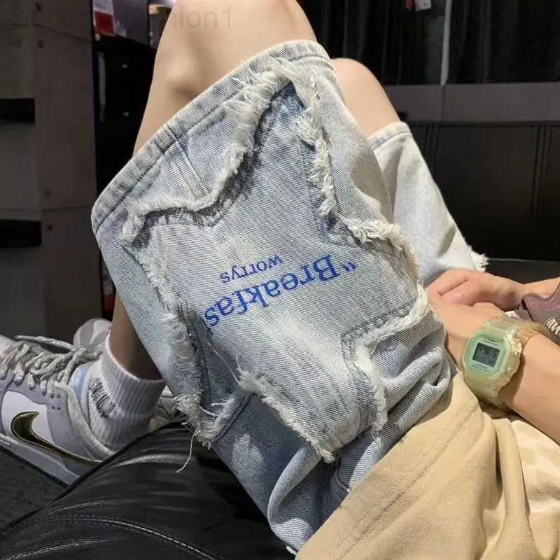Five-pointed Star Embroidered Denim Shorts Mens Summer High Street Japanese Loose Retro Trendy Pants H260330