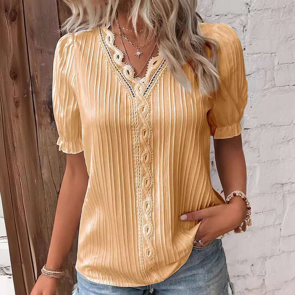 Independent website cross-border foreign trade 2026 summer new holiday fashion hollow-out short-sleeve European and American women's shirt