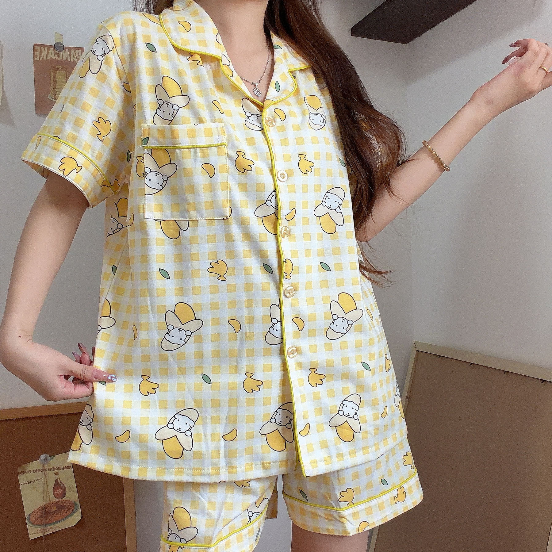 2026 plaid puppy sleepwear summer new short sleeved women's sleepwear cartoon cute cardigan Korean home clothes luxury sleepwear fashionable vers