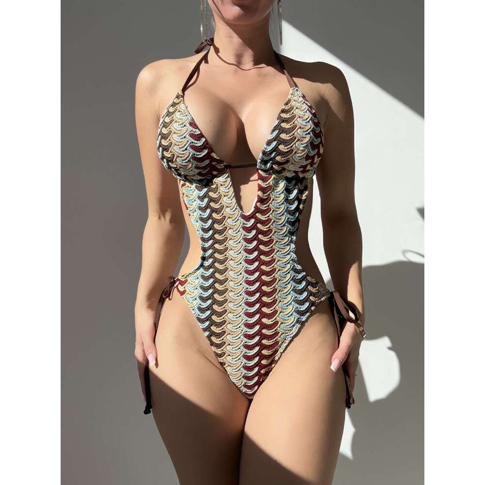Women's Designer Bikini Knitted Striped One-piece Swimsuit Sexy Halter Neck Bikini 2026 Beach Vacation Diving Outfit
