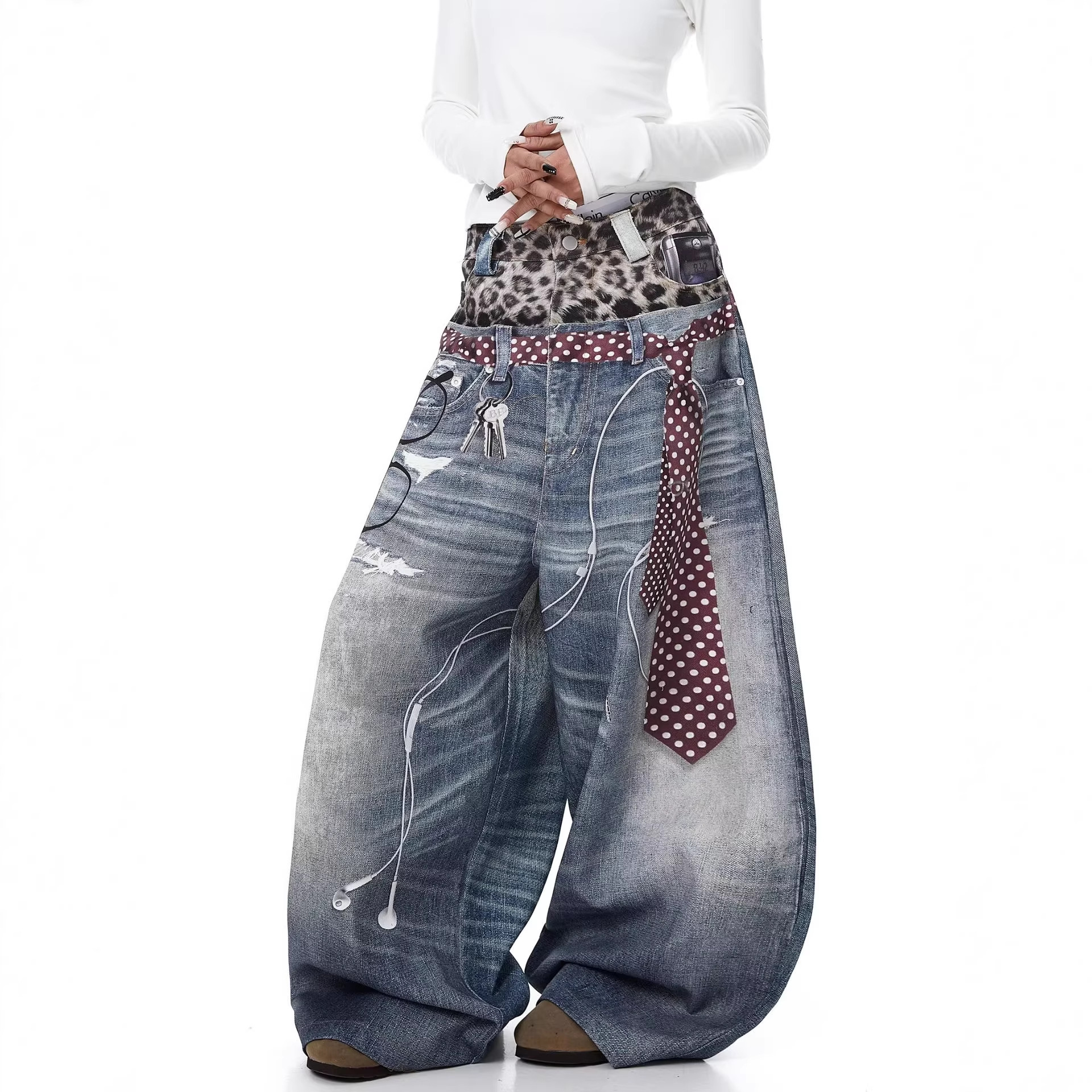Loose Women's Denim Jeans with Leopard Print Tie Hole Punching Spring New Sle Casual Bf Wide Leg Pants Neutral Sle