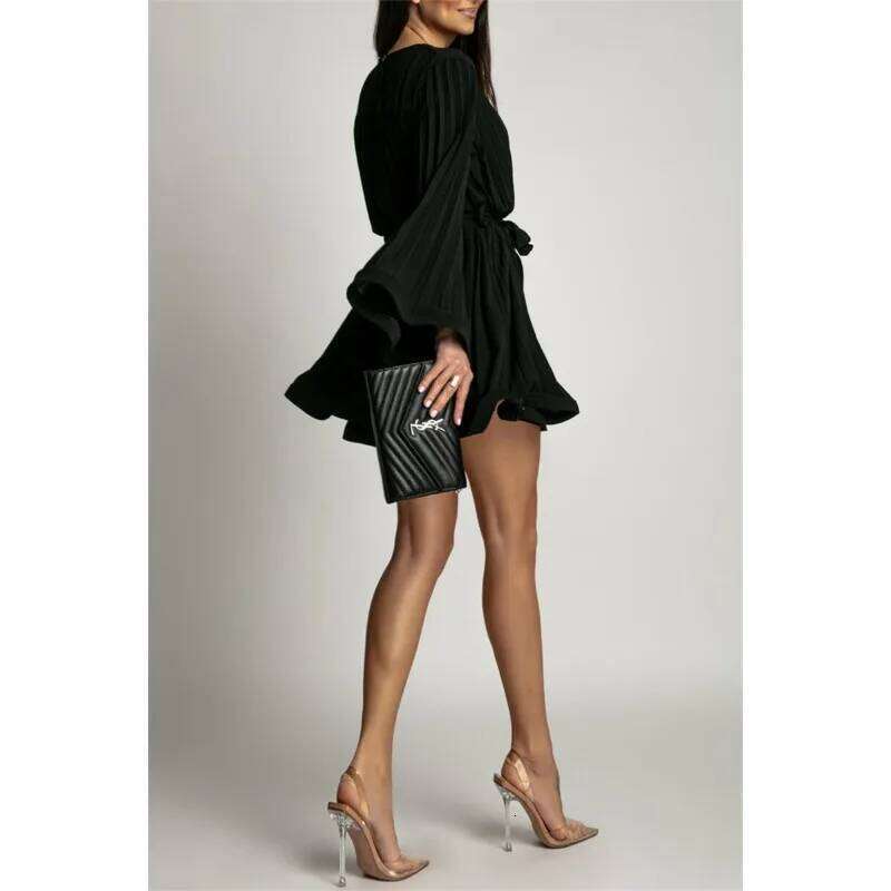 New Spring Summer Elegant Fashion Solid Round Neck Flared Sleeve Lace-Up Pleated Mini Dress Women Asia Size