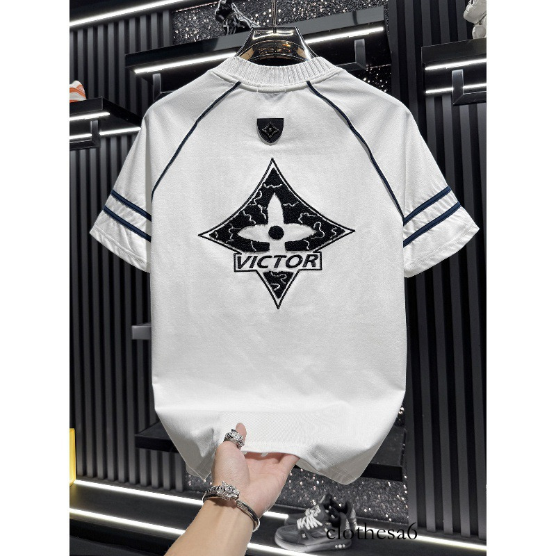 High-quality men's T-shirts 2026 Summer New Fashion American High Street Geometric Pattern Short Sleeve T-Shirt for Men, Round Neck Loose Fit Tre
