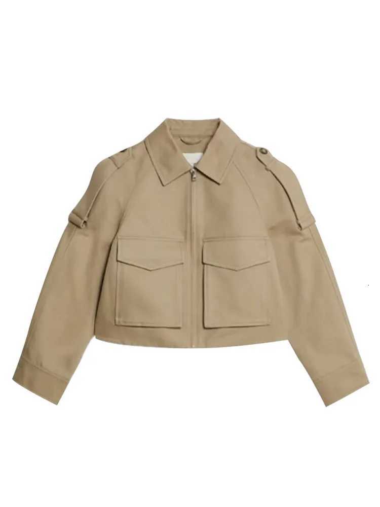 Vintage Womens Short Jacket Pockets Zipper Full Sleeve Khaki Green Thick Coats 2025 Spring Autumn Lady Loose Street OutwearT260328