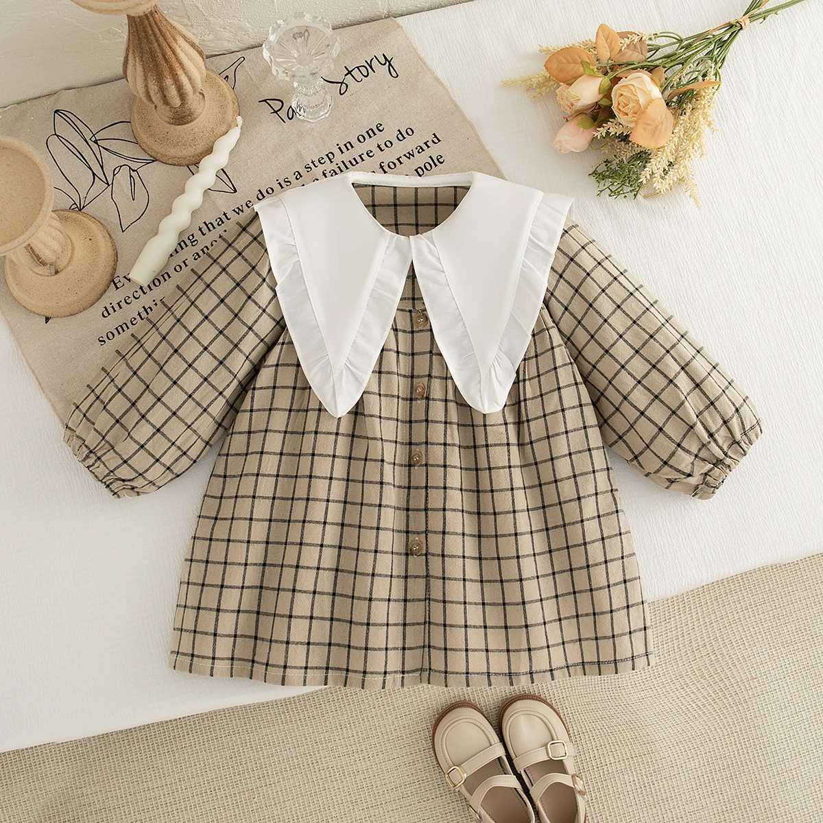 Girls Dress Spring And Autumn Checkered Cotton Long-Sleeved Baby Girl Dress Cute Collared Princess Baby Dress Baby Girl ClothesT260330