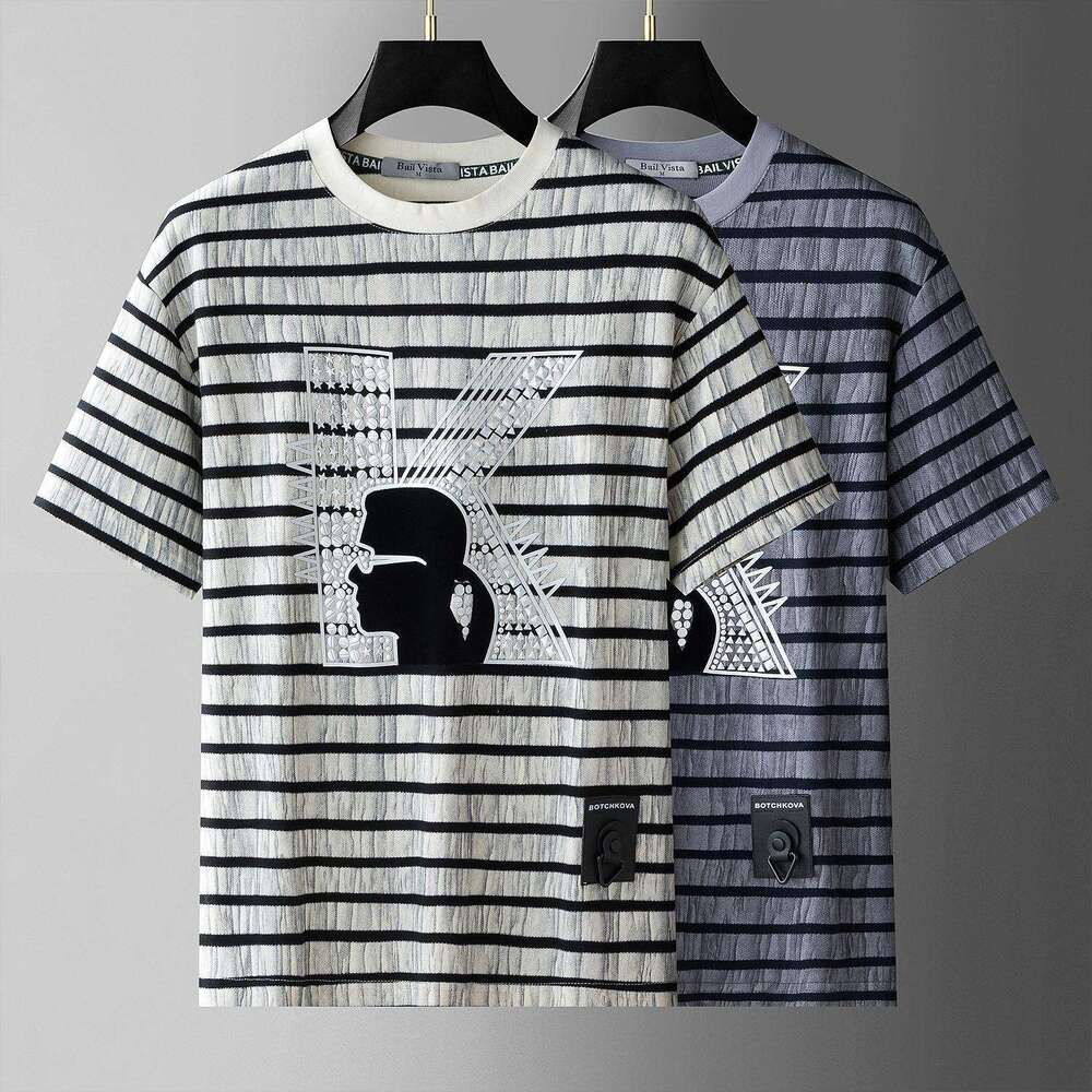 luxury Summer European Collection High-End Striped Printed Short-Sleeve Fashion Brand Loose-Fit New Men's T-Shirt