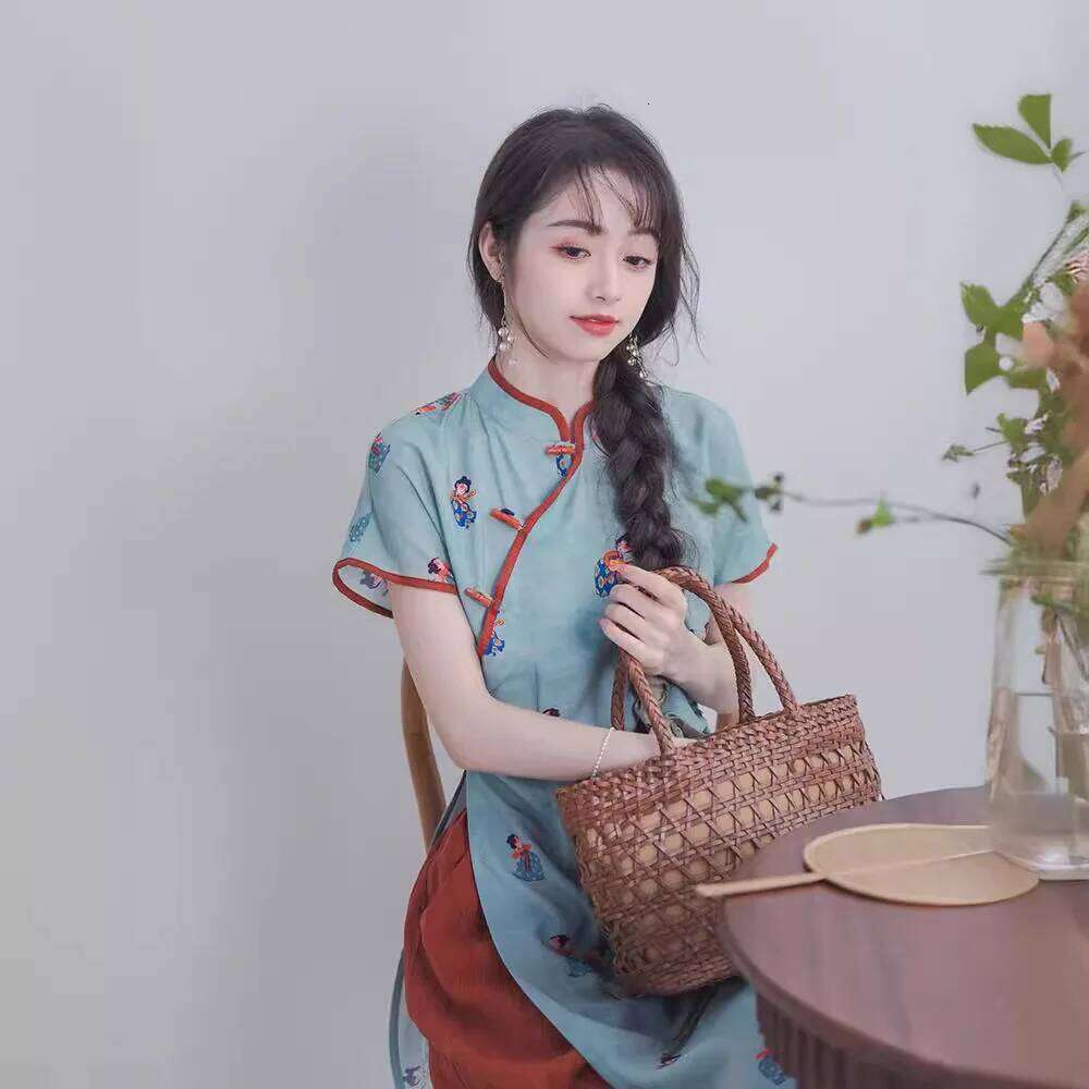 New Blue Cheongsam Set Women Improved Qipao Chinese Style Short Sleeve Vintage 2 Pieces Floral Long Dresses With Trousers MAKOUFEI