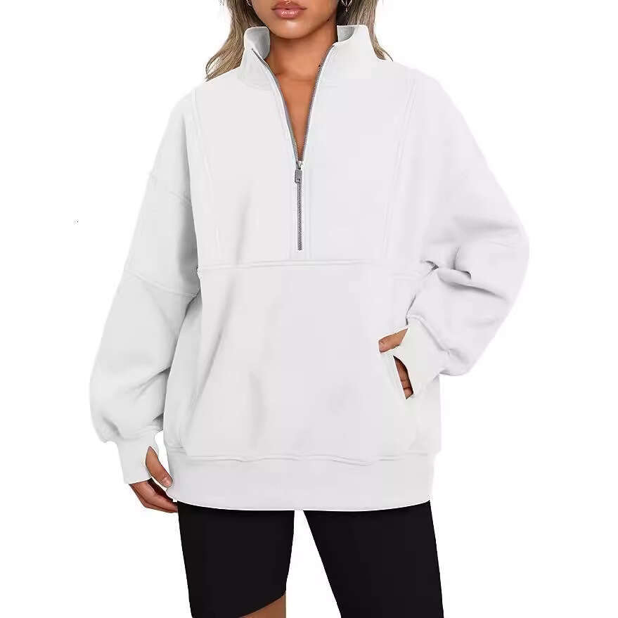 2026 European and American women's clothing, pocket half-zip loose casual patchwork stand-up collar fleece-lined sweatshirt