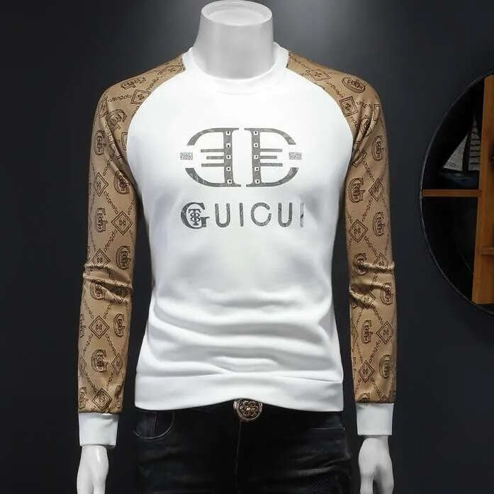 American European Autumn New Men's Round Neck Printed Sweatshirt Large Size High-End Luxury Patchwork Casual Base Shirt Trendy Luanyun