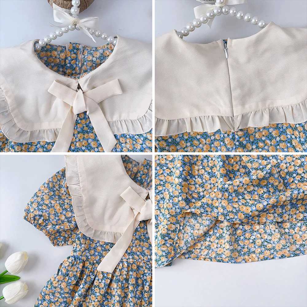 Summer New Girls Bow Turn-down Collar Puff Sleeve Flower Print Dress 1 Pc 2-7 Years Kids Fashion Casual ClothesT260330