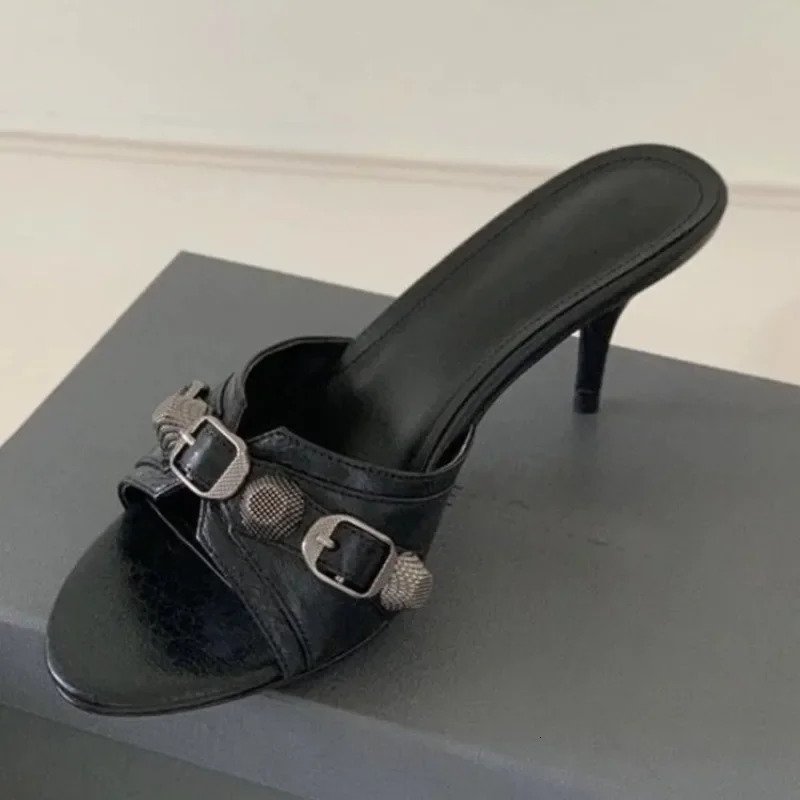 Summer Womens Studded Black Slippers Sexy Spice Punk High Heels Party Shoes 260330