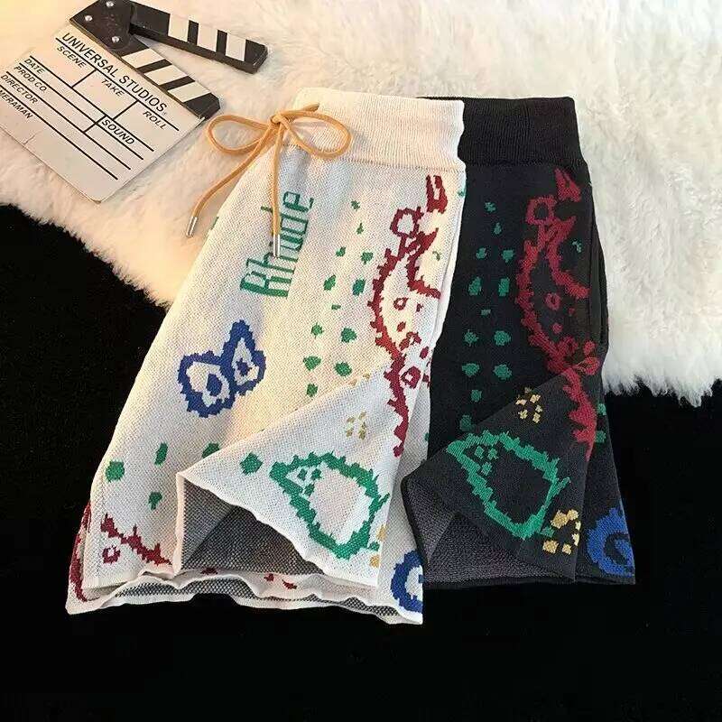 Y2k Cashew Flower Knitted Men Women Drawstring Loose Five Quarter Pant Summer American Vintage High Street Casual Shorts