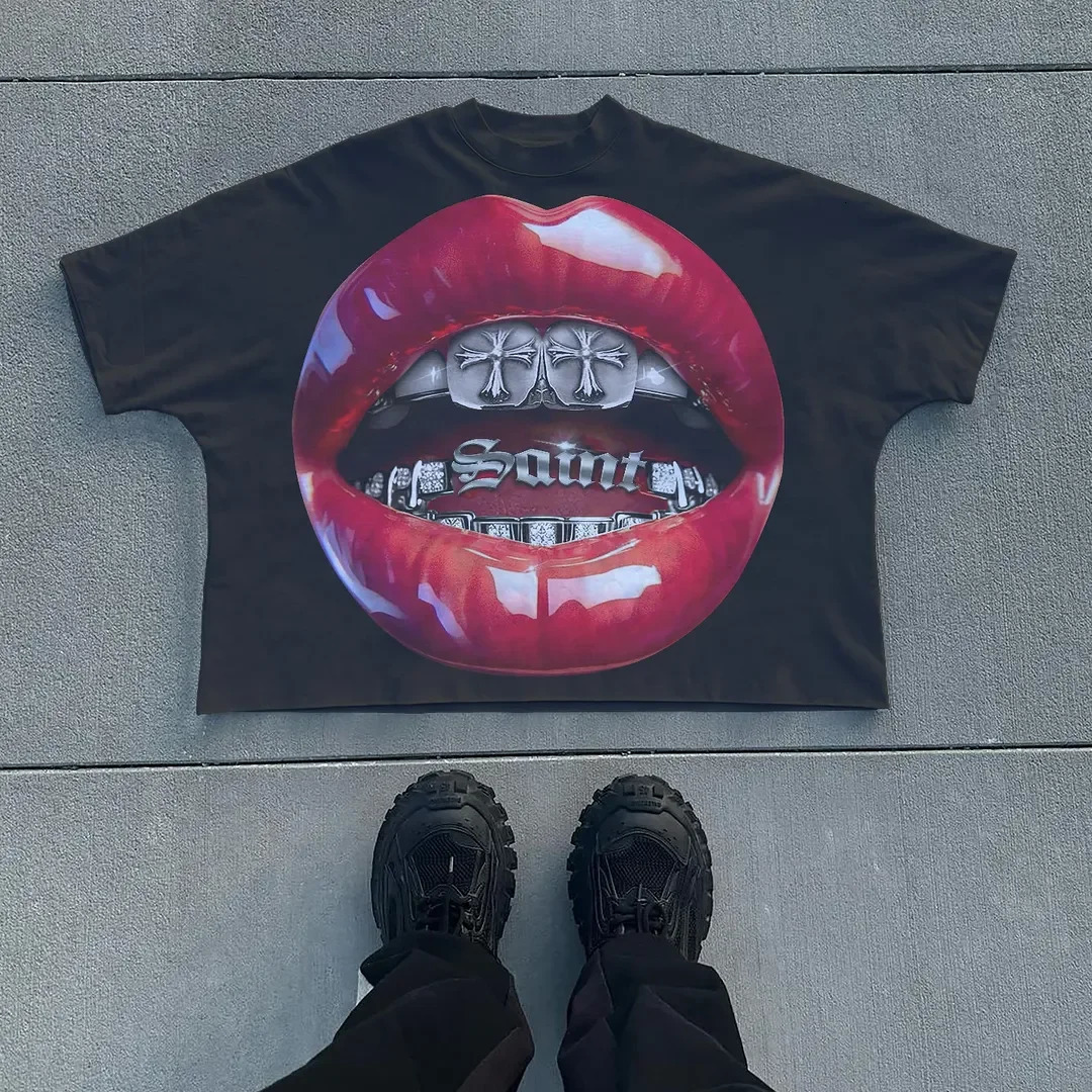 Mens Y2k Oversized T Shirt Lips Print Cotton Streetwear Loose Fit Casual Tee Summer Top Lightweight Comfortable Multiple Colors 260327