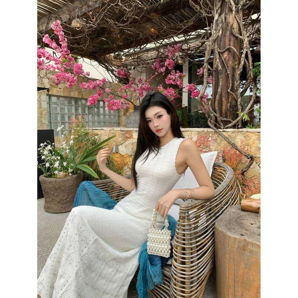 Summer 3-Piece French Style Set - Knit Maxi Dress Sleeveless Top + Cover-Up, Pearl & Hollow Out, Viscose+Nylon Mdng260330