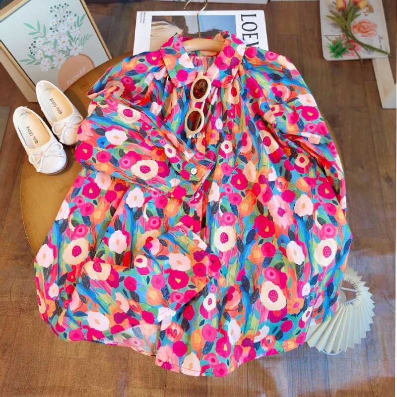 Spring Autumn New Girls Princess Dress Full Print Flowers Long Sleeve Lapel Collar Dress For 2-8 Years Girls Casual Shirt SkirtT260330