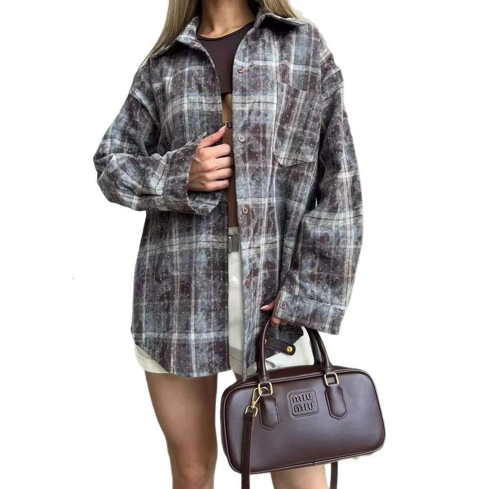 plaid long-sleeve women's shirt with rhinestones, loose fit, vintage, fashionable, casual, suitable for commuting,