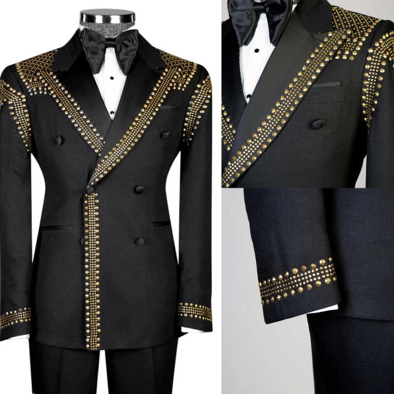 Retro Men's Jacket Beaded Groom Blazer 2 Pieces Peaked Lapel Double Breasted Tuxedo Beading Coat Customized Jacket Pants