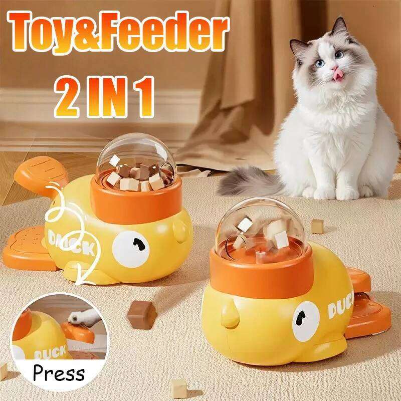 2 in 1 Cat Interactive Toys Automatic Puzzle Food Treat Dispenser Duck Design Anti-slip Pet Feeder for Dog Training
