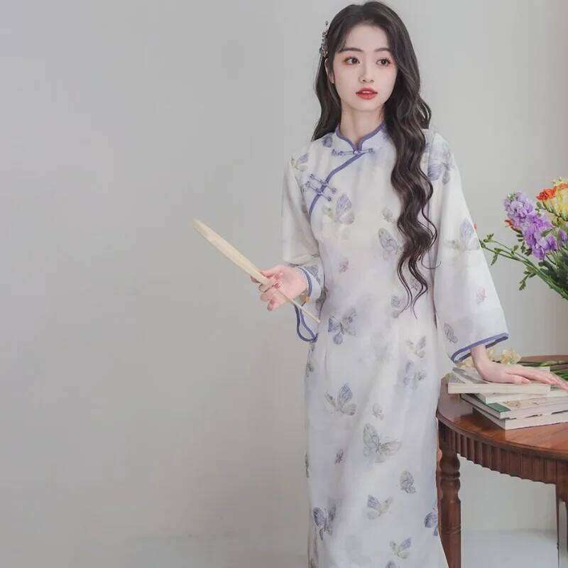 Autumn Chinese Style Women Qipao Dress Butterfly Print Long Sleeve Modern Improved Cheongsam Elegant Ladies Evening Dresses MAKOUFEI