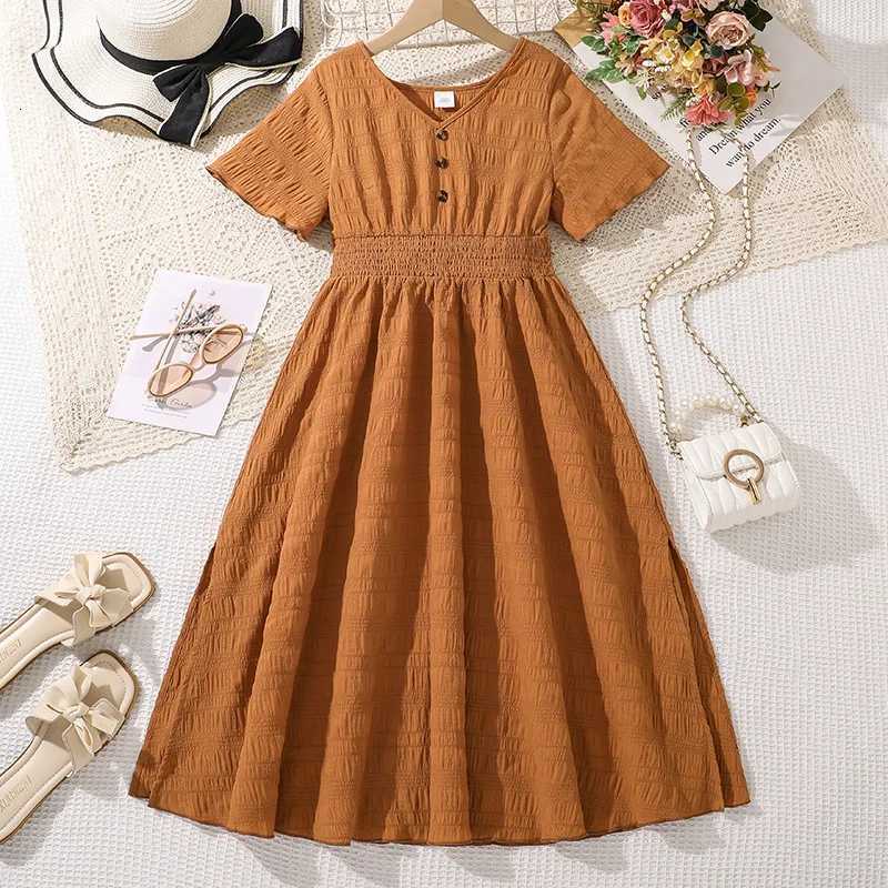 Kids Casual Dress For Girls Clothes Summer 2025 New Children Fashion Short Sleeve High Waist Pink Princess A-Line Dress 7-14YT260330