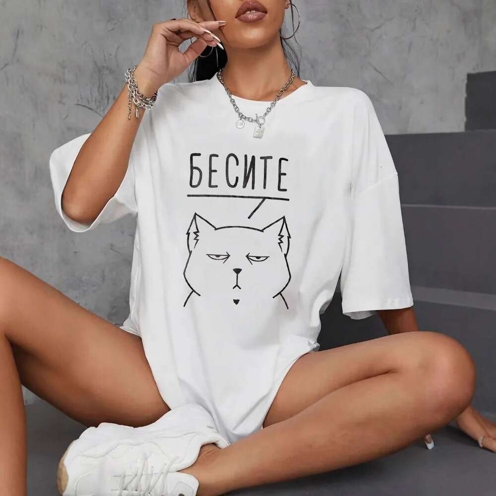 European And American Foreign Trade Cross Border Cotton Short Sleeve T Shirt For Women Loose Mid Length Printed Top New Summer Round Neck Base Shirt