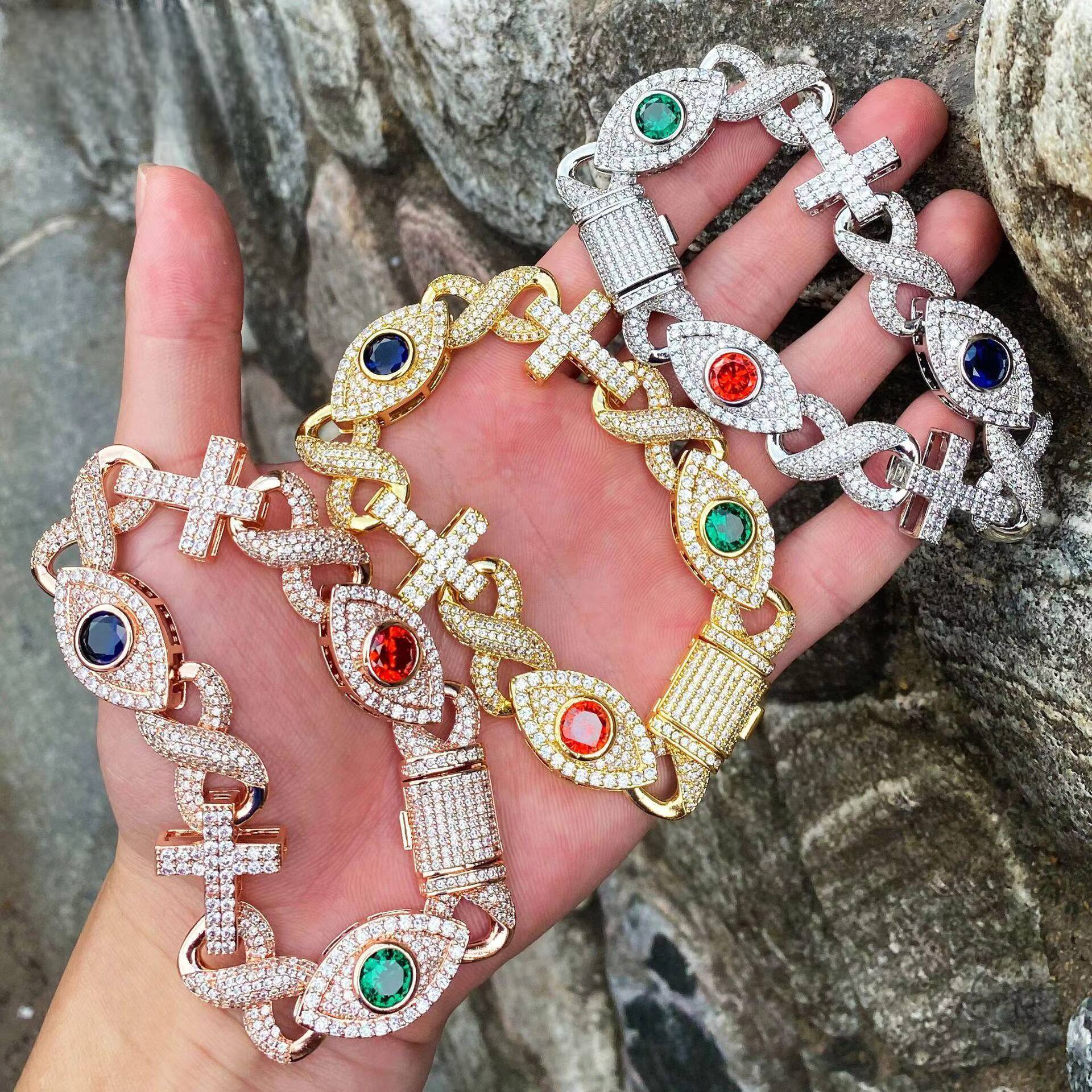 New Arrival Hiphop Fashion Trendy Sparkling Women Brass Moissanite Colorful Eye Cross Link Chain Bracelet