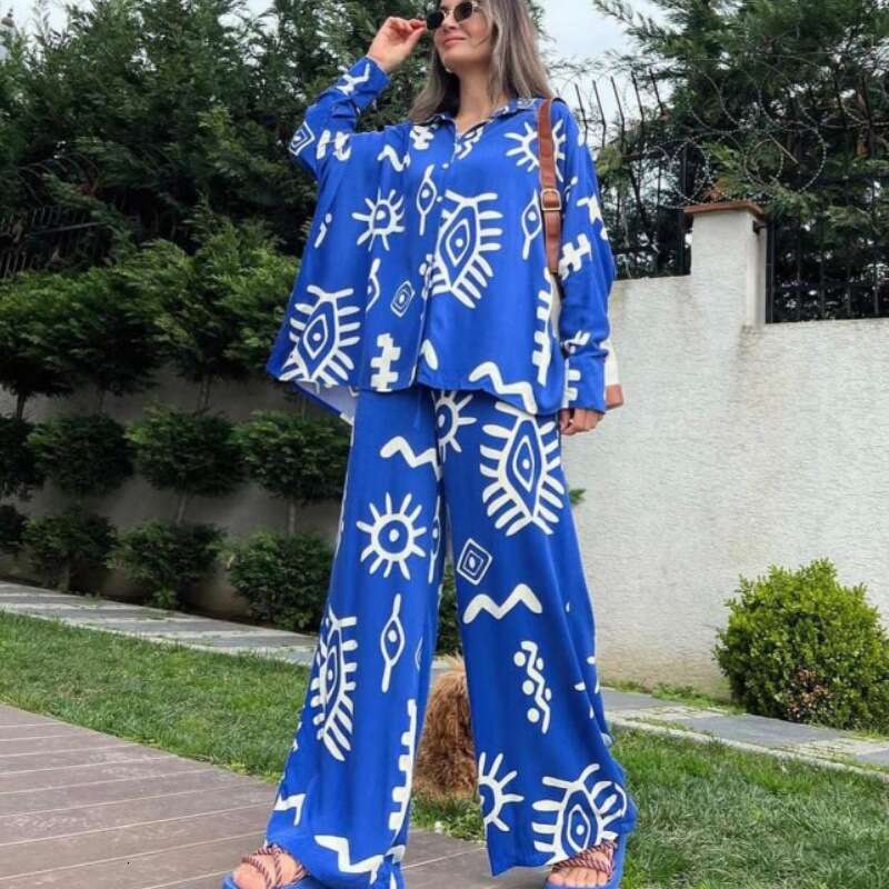 Women's Clothing 2025 New Fashion Printed Loose Top With Tie High-Waisted Wide-Leg Pants Two-Piece Set, Comfortable And Casual Asia Size