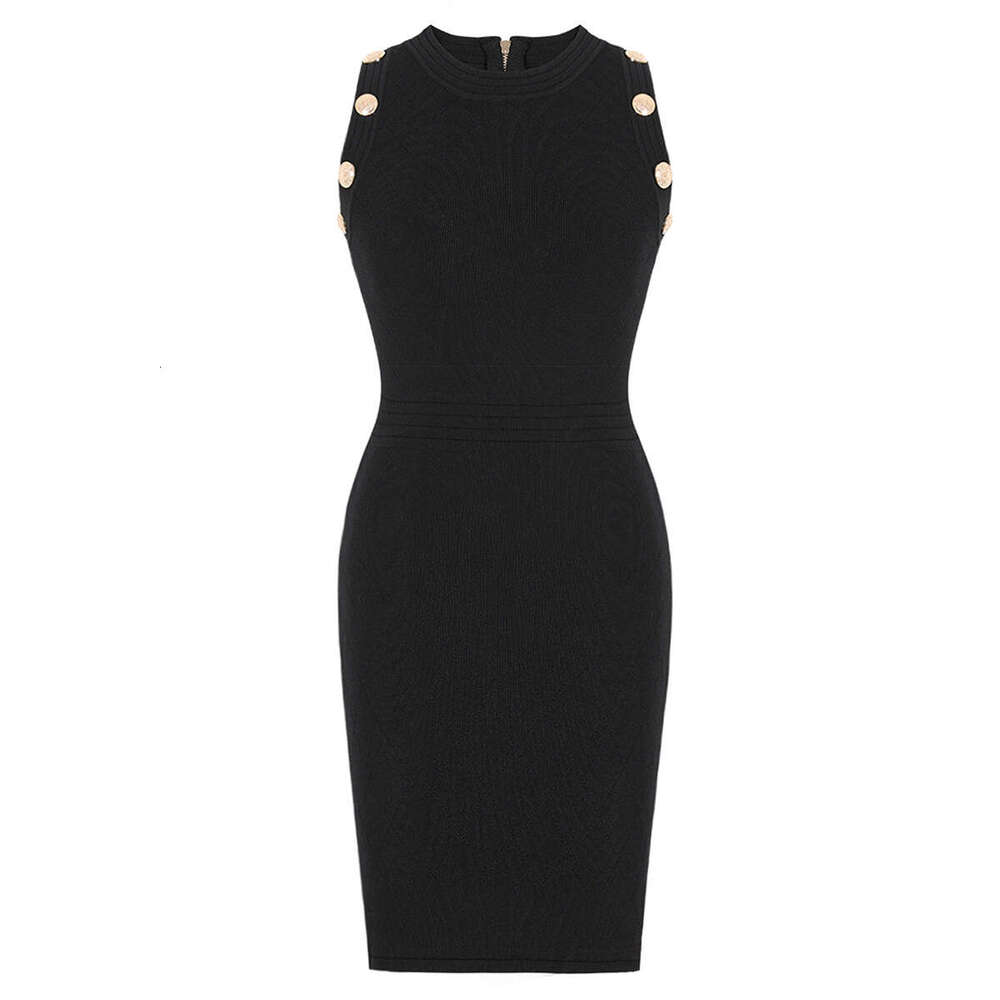 Spring and summer new designer women's r27 sleeveless button elastic knitted medium long r27 slim multifunctional dress