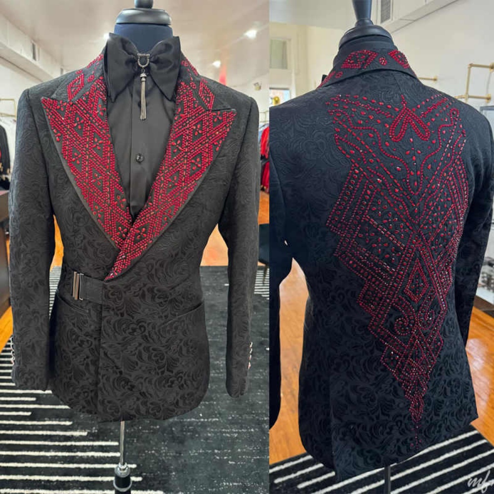 Stunning Jacquard Crystal Men Suits Slim Fit 2 Piece Jacket Pants Peak Lapel Formal Occasion Party Banquet Customized Ropa Hombre