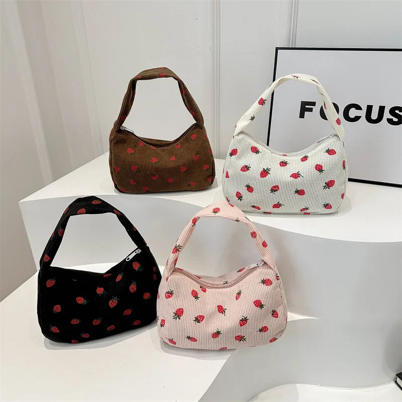 Women Small Corduroy Handbag Cute Strawberry Print Little Tote Underarm Bag Half Moon n Eco Cloth Purse Mini Shoulder Bags 260317