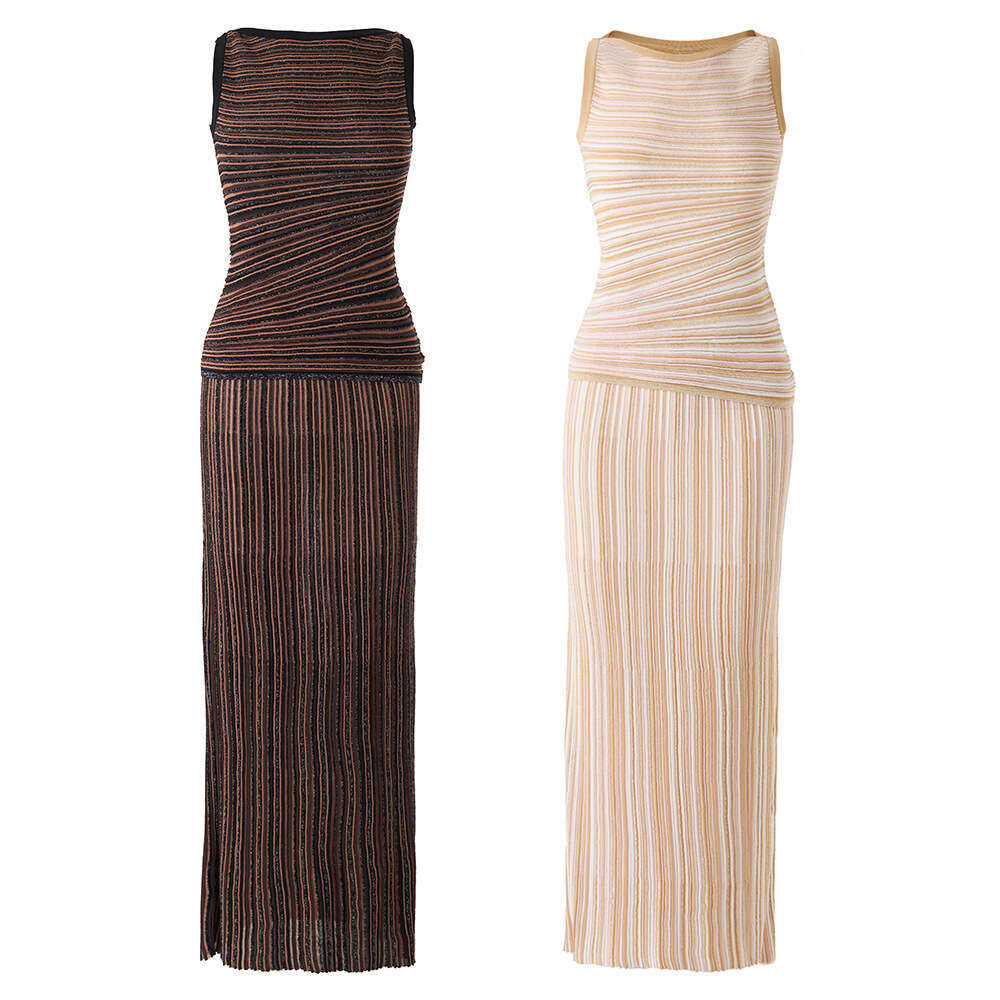 In stock~Color-blocked colorful shiny silk knitted striped sleeveless vest A10 + half skirt two-piece set, hot-selling on cross-border e-commerce