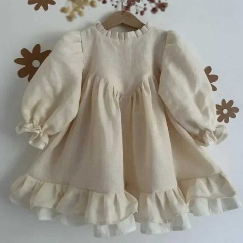 8383 Baby Girls Dress Children Dress Cotton Linen Splicing Girls Dress Leisure Princess ClothesT260330